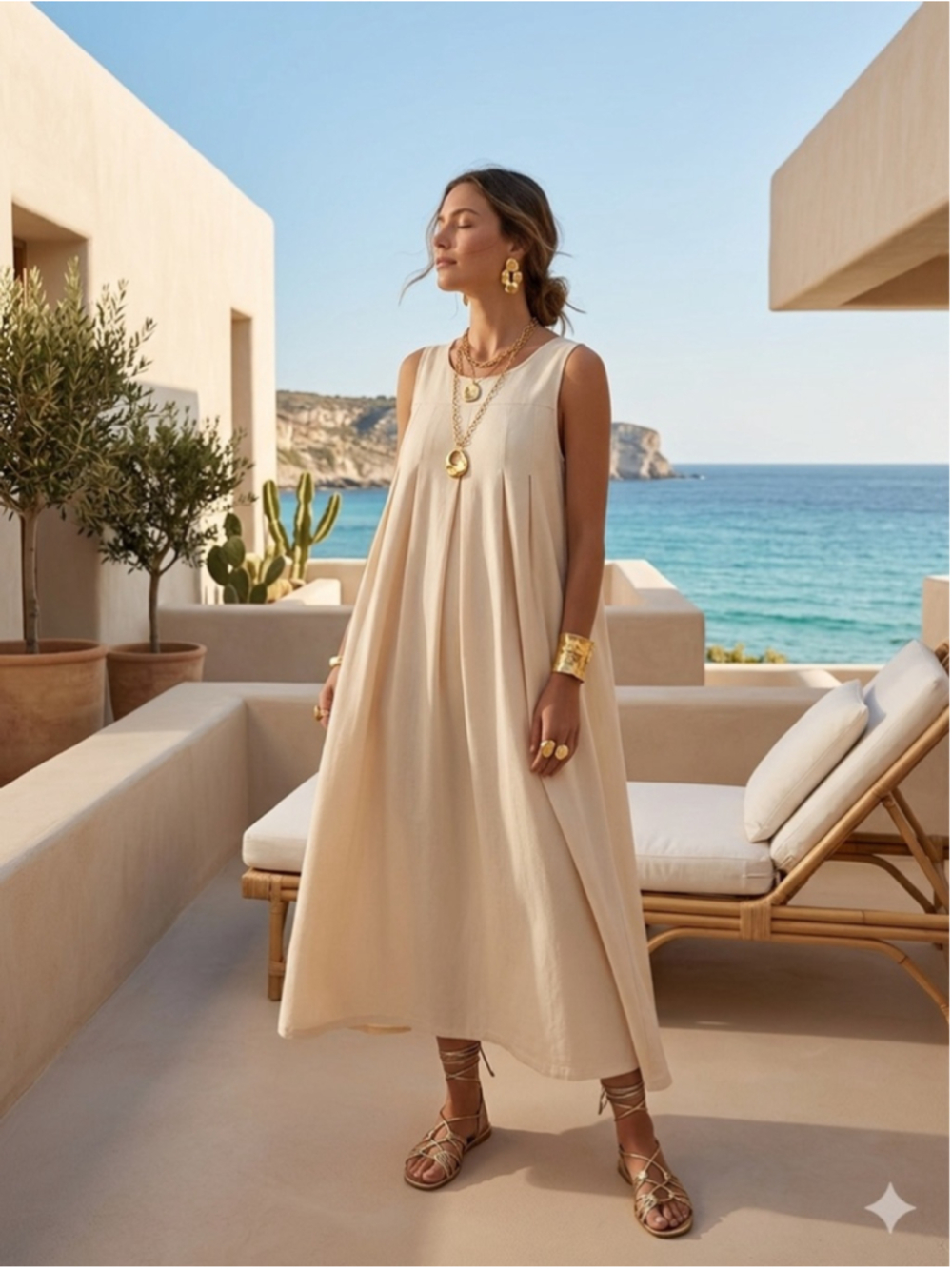 UOOZEE Cream Coastal Minimalist Linen Blend Maxi Dress Pleated Boho Resort Size